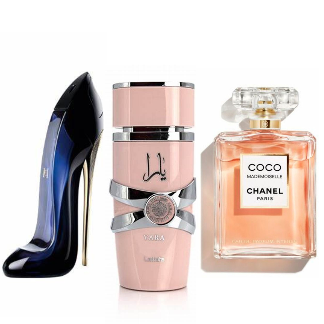 PROMOCIÓN COMPRA 1 Y LLEVE 3 + REGALO (Good girl+yara+coco Chanel+Perfumero)